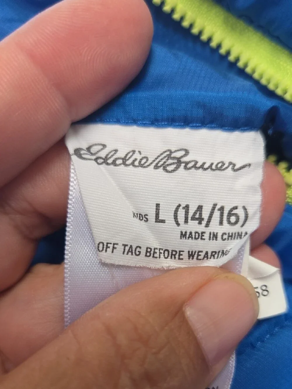 Eddie Bauer (Reversable) Blue & Navy Hooded Puffer Jacket with Neon Accents.